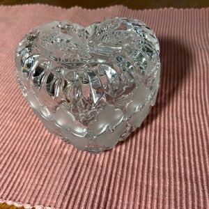 Valentine Gift; Heart Crystal Trinket Box with Bird, Frosted Hearts; German Made